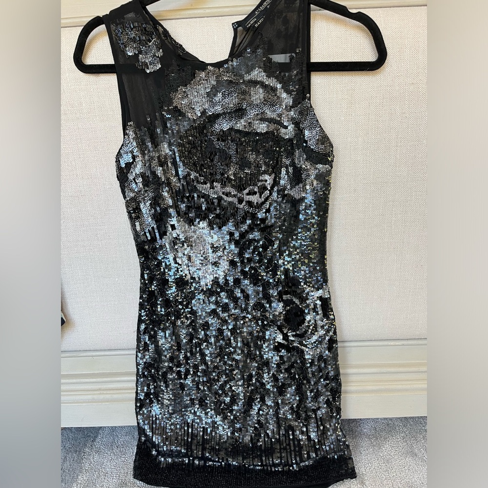 All Saints Crew Neck Mini Short dress (Size 2) black with sequins and zipper